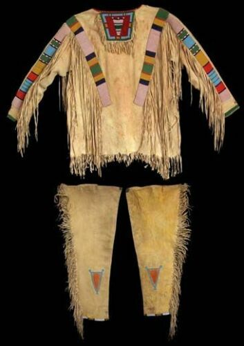 Old 1800 Style Crow Beaded Fringe Tan Buckskin Hide War Shirt & Leggings NSL404