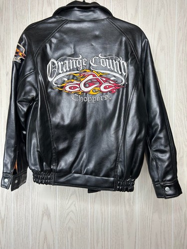 Orange County Choppers 2004 Faux Leather Jacket Boys M Black Embroidered Logo - Picture 2 of 12