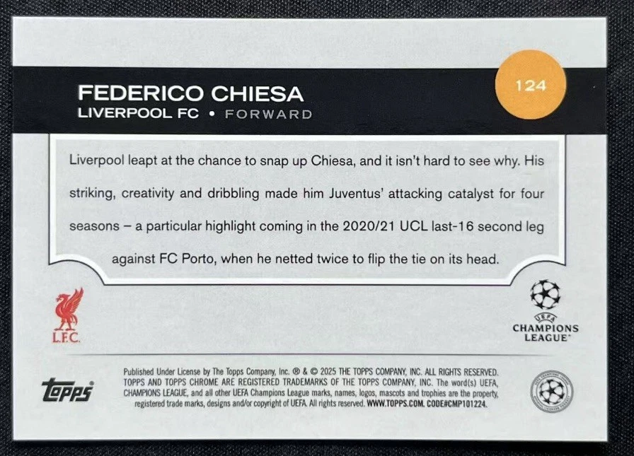 2024-25 Topps Chrome Federico Chiesa Black Refractor Liverpool /10 - Image 2 of 2