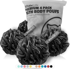 WhaleLife Loofah Bath Sponges - Black Gentle 4 Count Pack of 1 ,