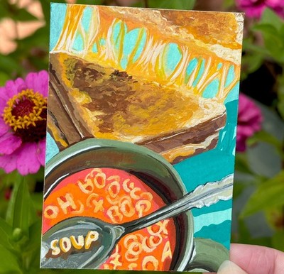 ACEO Grilled Cheese+Good Soup Original Painting by Daelian - Bite2Eat series #4