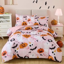 Halloween Comforter Set Size, Cute Ghost Pumpkin Bedding Set Queen Pink
