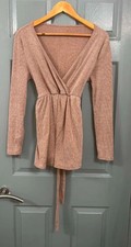 SHEIN Dusty Pink Ribbed Knit Wrap Front Belted Top Size M