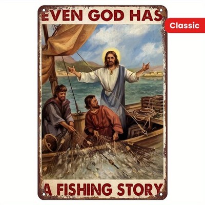 Vintage 8''x12'' Tin Metal Signs ''Even God Has A Fishing Story''  Rustic Wall De