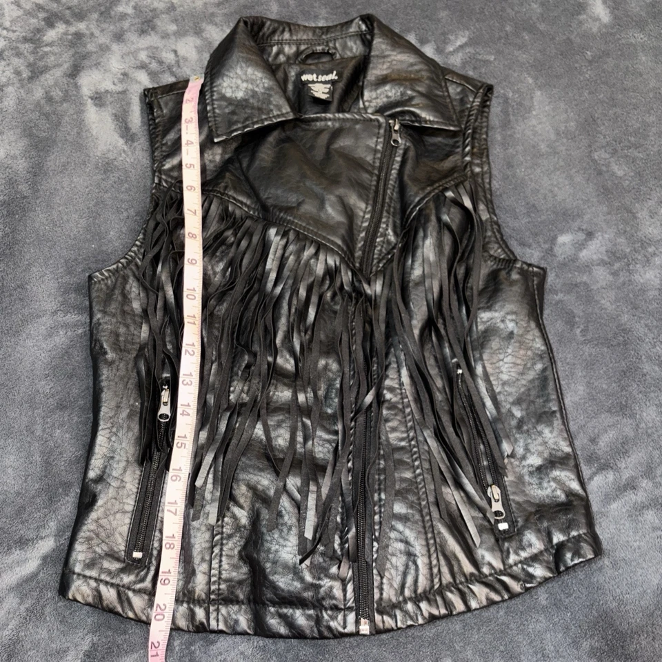 Chaleco con flecos de cuero sintético Wet Seal Y2K para mujer mediano grunge festival gótico cremallera Foto 3 de 4