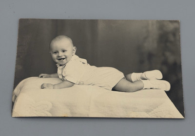 Vintage Baby Photo Studio Tooth Bald Laying On Tummy Big Smile Early-mid 20th C.