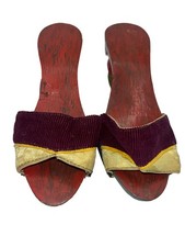 Vintage Asian Wooden Platform Sandals With Purple Gold Fabric Accents 90k