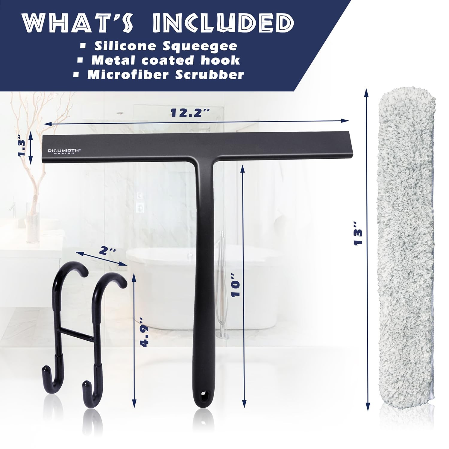 12 Inch Silicone Shower Squeegee for Glass Doors with Hook – Streak-Free Window