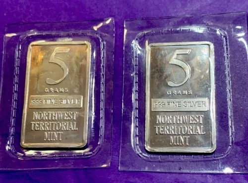 Lot Of 2 Northwest Territorial Mint 5g .999 Silver Bars - Sealed In Mint Pouches