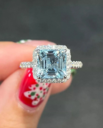 Asscher Cut 4.20 Ct Natural Aquamarine & Diamond 14K White gold Wedding Ring