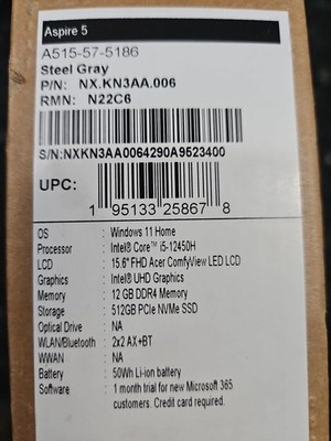 Acer Aspire 5 15.6'' i5-12450H 512GB SSD 12GB Gray A515-57-5186 Windows 11 Home