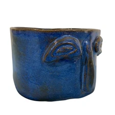 Signed Blue Face Design Pottery Planter Pot