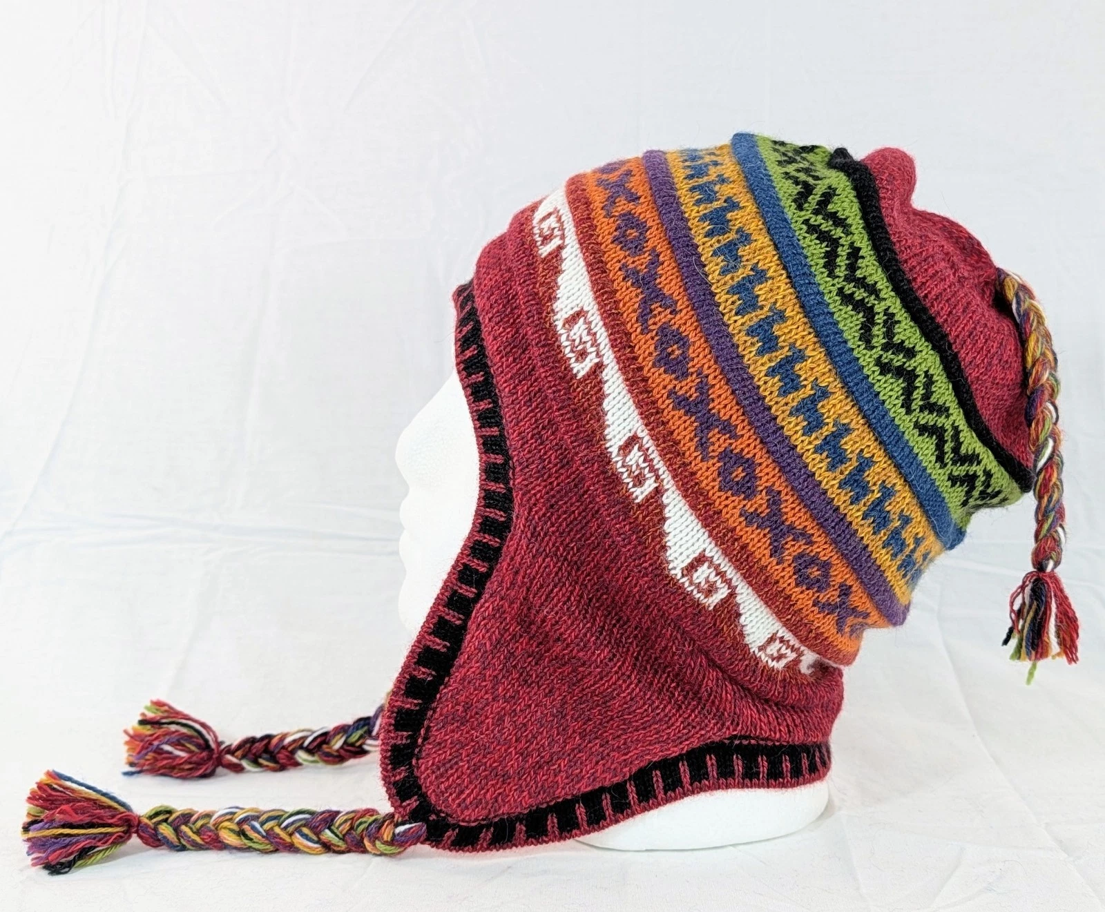 Soft Baby Alpaca Reversible Chullo Beanie Red Unisex Colorful Boho Peru
