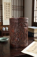 Antique Chinese Carved Bamboo Brush Pot Bitong Da Ming Mark Phoenix Deer Qing