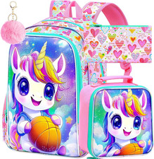 3Pcs Unicorn Backpack, 16" Girls School Bookbag Set with Lunch Box  Kids Backpack