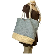Sun N Sand Beach Summer Blue Large Tote Bag Straw Canva Woven Vacation Bag