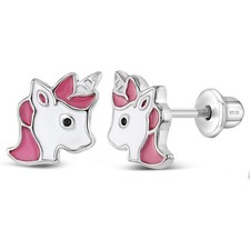 925 Sterling Silver Majestic Pink Enamel Unicorn Screw Back Earrings for Girls
