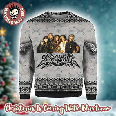 Aerosmith1 Band Members Photo Wing Logo Grey Ugly Christmas Sweater S-5XL