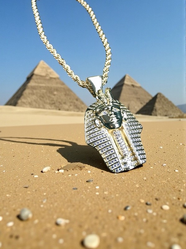 18K GOLD ROPE 24” CHAIN EGYPTIAN PHARAOH LAB DIAMONDS NECKLACE *MADE IN ITALY*