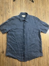 Vintage 90s J.Crew Raw Linen Shirt Mens L Heavy Weave Blue Boxy Fit Natural