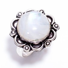 Trendy Natural Rainbow Moonstone 925 Sterling Silver Round Gemstone Ring 7.75 US