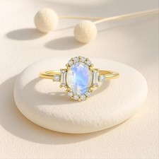 Oval Cut Natural Moonstone 14K Yellow Gold Plated On Silver Vintage Wedding Ring