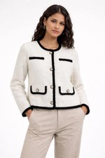 Ladies Women's Elegant Tweed Trim Jacket Timeless Parisian Style Knit Blazer UK