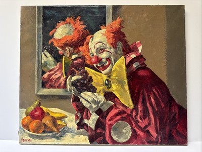 Famous Clown Painting By Veres Mid Century Portrait Circus MARGO CLARK VINTAGE