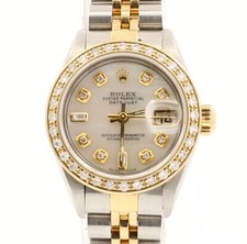 ROLEX Oyster Perpetual 18k & Steel Datejust 26mm WHITE MOP Dial Diamond Watch 