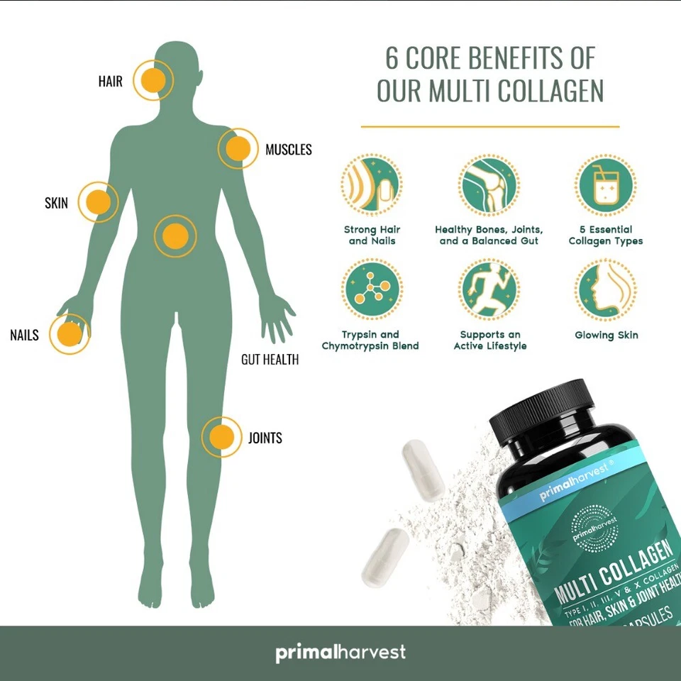 Primal Harvest Multi Collagen Overall Health120 Caps (I, II, III,V,X) Supplement - Image 4 of 4