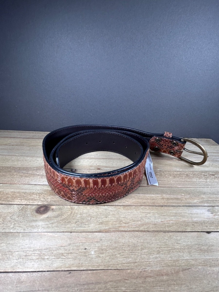 Free People Brown Embossed Leather Belt with Brass Accents BELT FREE PEOPLE BROWN M/L EMBOSS STITCHING BRASS BUCKLE  main image 3