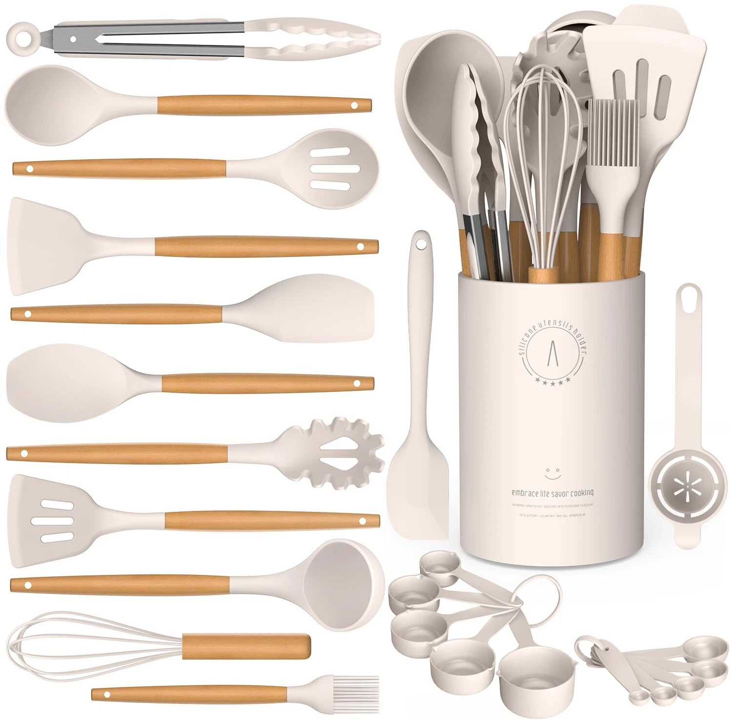Silicone Cooking Utensils Set - Silicone Kitchen Utensils for Cooking Wooden ...