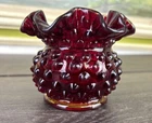 FENTON Ruby RED Hobnail, Ruffled Small Glass Vase - Old Fenton