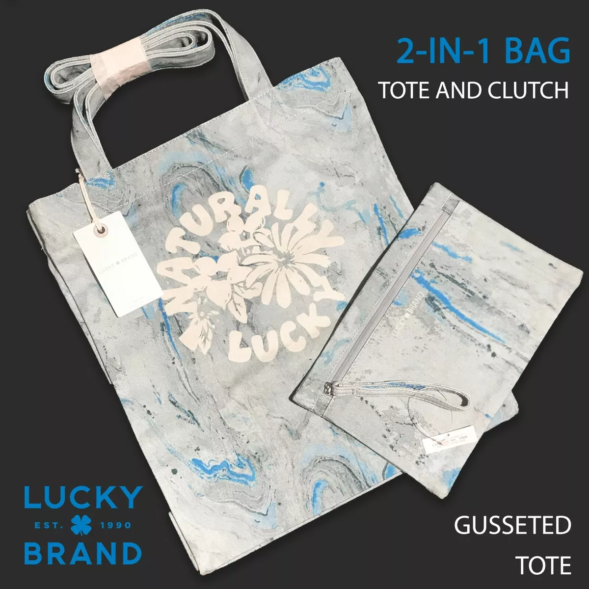 Lucky Brand NATURALLY LUCKY Material Canvas 2 in 1 Bag Tote Pouch Marble Blue