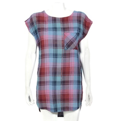 Anthropologie Womens Akemi + Kin Cap Sleeve Plaid Tunic Top Pocket Sz Small /737