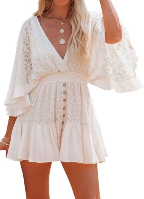 navy blue dress for baby girl Women's Lace V Neck Batwing Sleeve Flowy Ruffle Mini Dress Crochet Backless