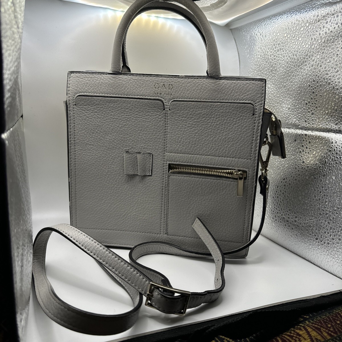 OAD NewYork Grey Mini Kit Zip Handbag Shoulder Strap Purse Crossbody Leather