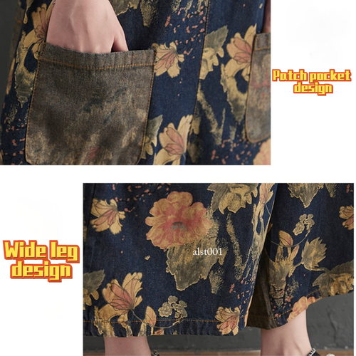 Lady Floral Printed Denim Dungarees Jumpsuit Jeans Trousers Pants Overalls Loose - Picture 21 of 26