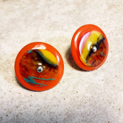 Multi Color Round Mix Resin 950 Fine Silver Studs Earrings by Caro
