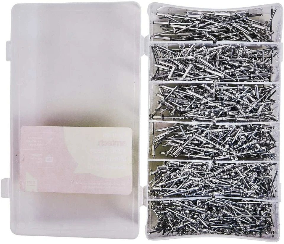 AMTECH Blind Pop Hand Rivets Set - Assorted Sizes 1000 Pc. Aluminium Head Steel Shank