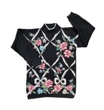 Vintage 80s Beldoch Popper Black Floral Mock Neck Knit Sweater