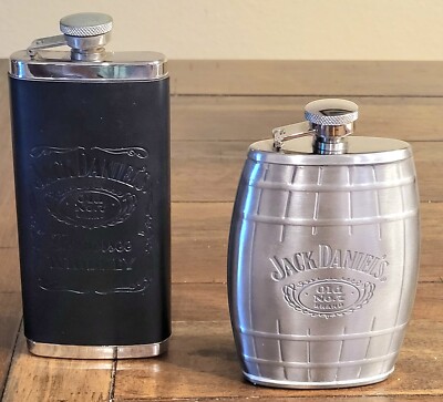 Jack Daniels Flasks Stainless 6 Oz Steel Barrel And 5 Oz Leather Set Of 2 Vintge