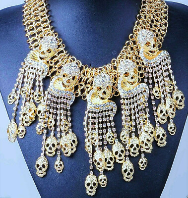 MASSIVE Crystal SKULLS Kingdom GOLD Rhinestone Halloween Costume Queen Necklace