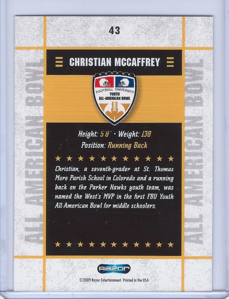 CHRISTIAN McCAFFREY 2009 NAVALHA "1º CARTÃO DE NOVATO JUVENIL IMPRESSO"! STANFORD! - Imagem 2 de 2