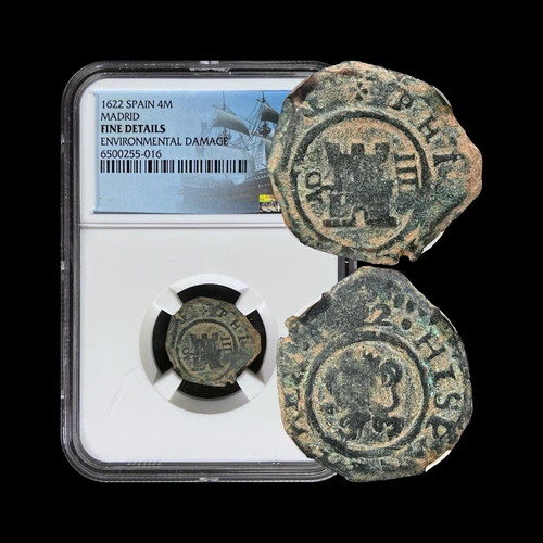 SPAIN. 1622, 4 Maravedis - NGC Fine - Philip IV, Madrid, Lion MD 16