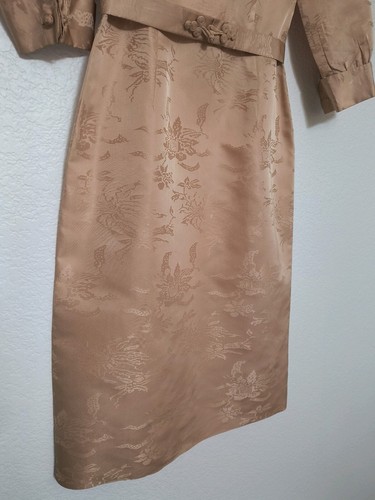 Vtg 1950s Japanese 100% Silk Pixelated Damask Floral Nude Dress, Sz XS/S - 第 2/12 張圖片
