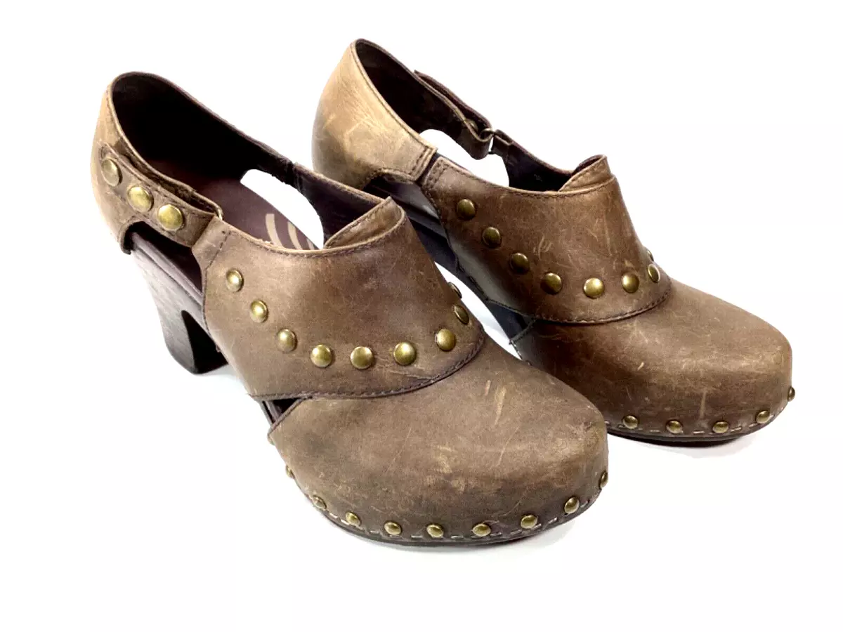 Dansko Ryder Women s Brown Leather Wooded Studded Heeled Clogs EUR