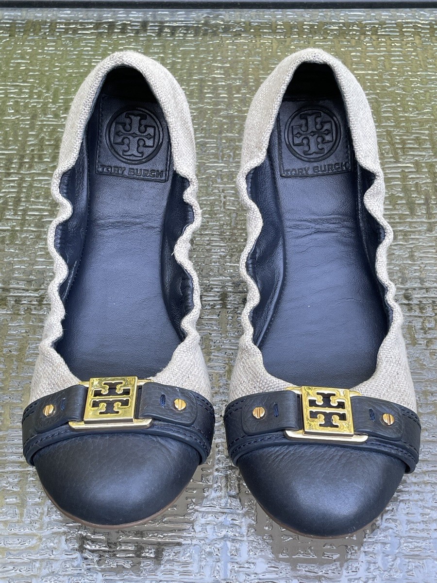 Tory Burch AMBROSE Ballet Flats Tan Canvas Navy Leather Gold Logo