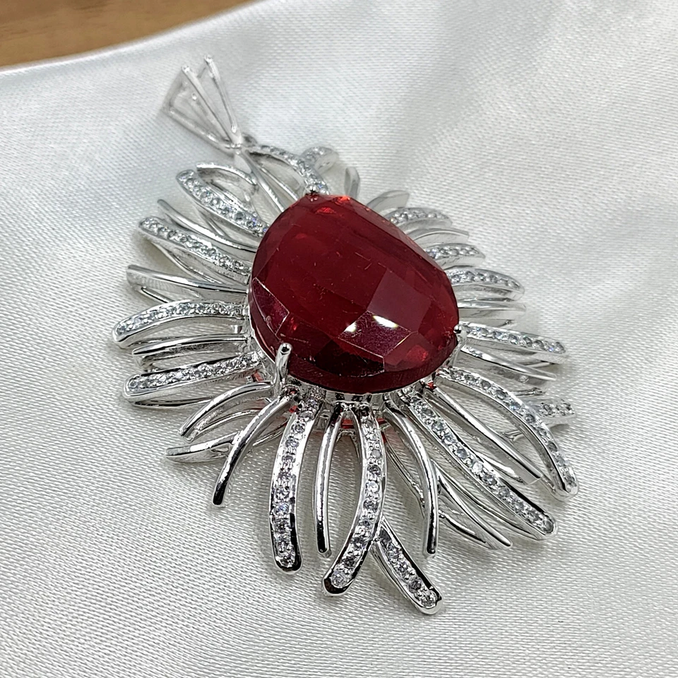 Blood Red Huge Pear Shape Ruby & White Cubic Zirconia Floral Design Fine Pendant - Image 4 of 4
