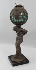 Antique Atlas World Globe Spelter Kerosene Oil Lamp Hand Blown Glass Font NR